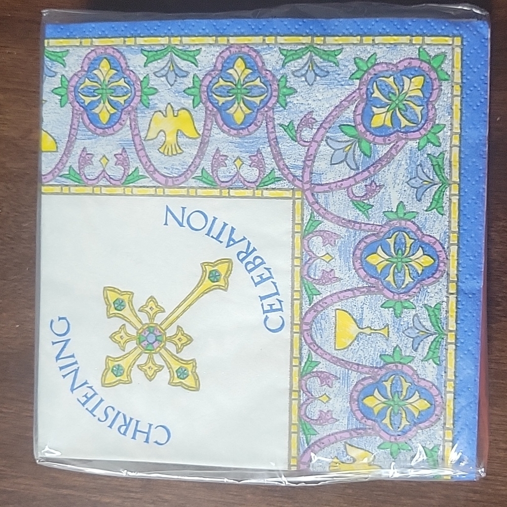 ⭐️💲2️⃣⭐️ NEW-Christening Celebration Stained Glass Blue Beverage Napkins Pkg 36